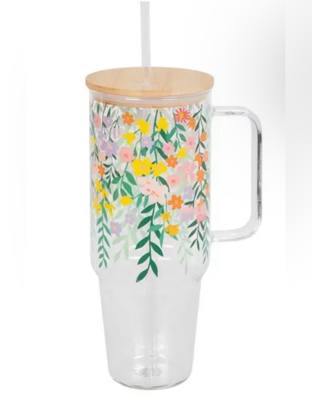 Hanging Flowers Glass Tumbler with Bamboo Lid and Straw *NWT